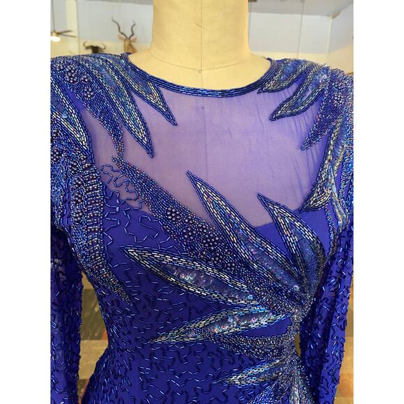 1980s beaded cocktail dress, cobalt blue silk, vintage formal, sheer chiffon, 27 - Picture 2 of 9